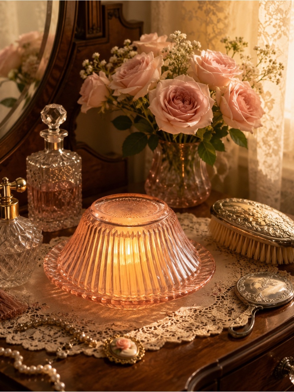 Vintage Pink Depression Glass Ribbed Fairy Lamp Cottagecore Decor